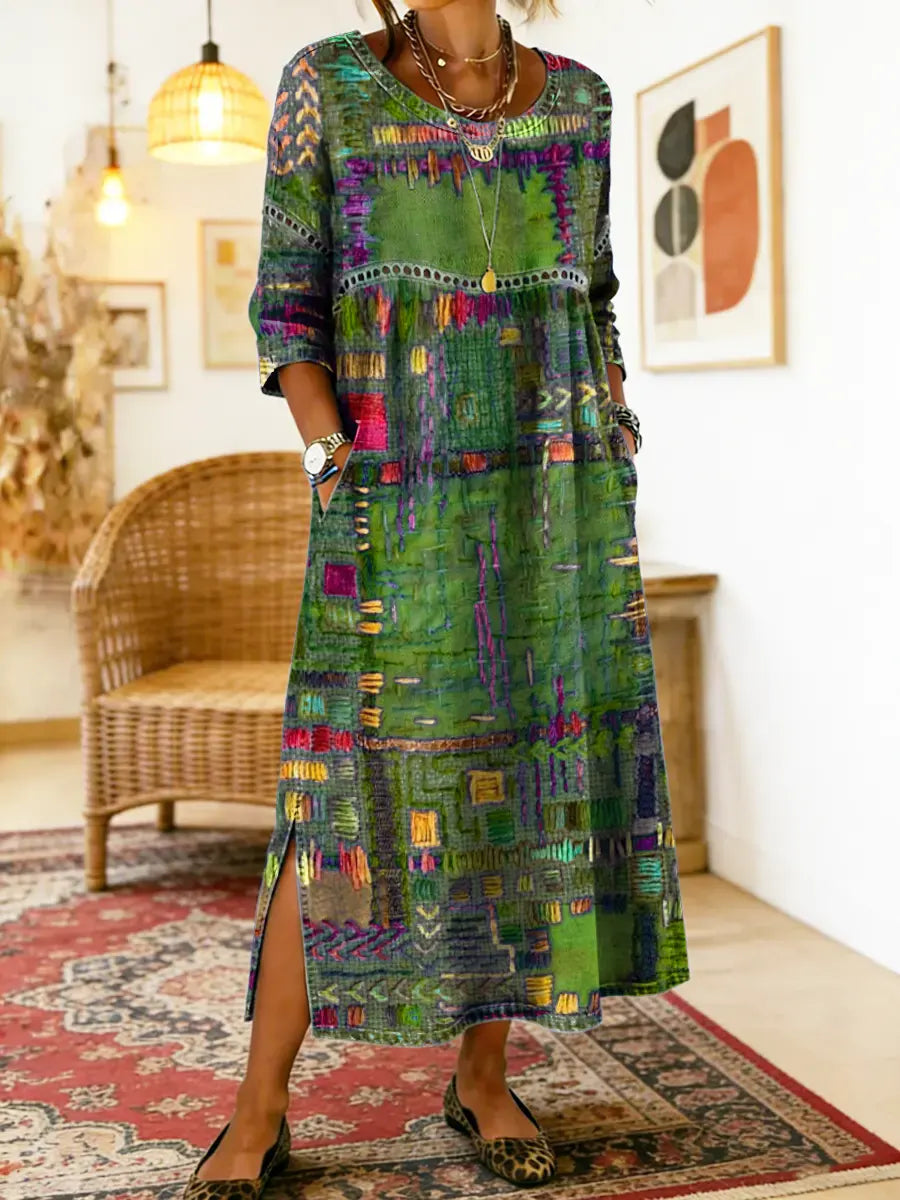 Catie™ | Vestido denim con patchwork étnico
