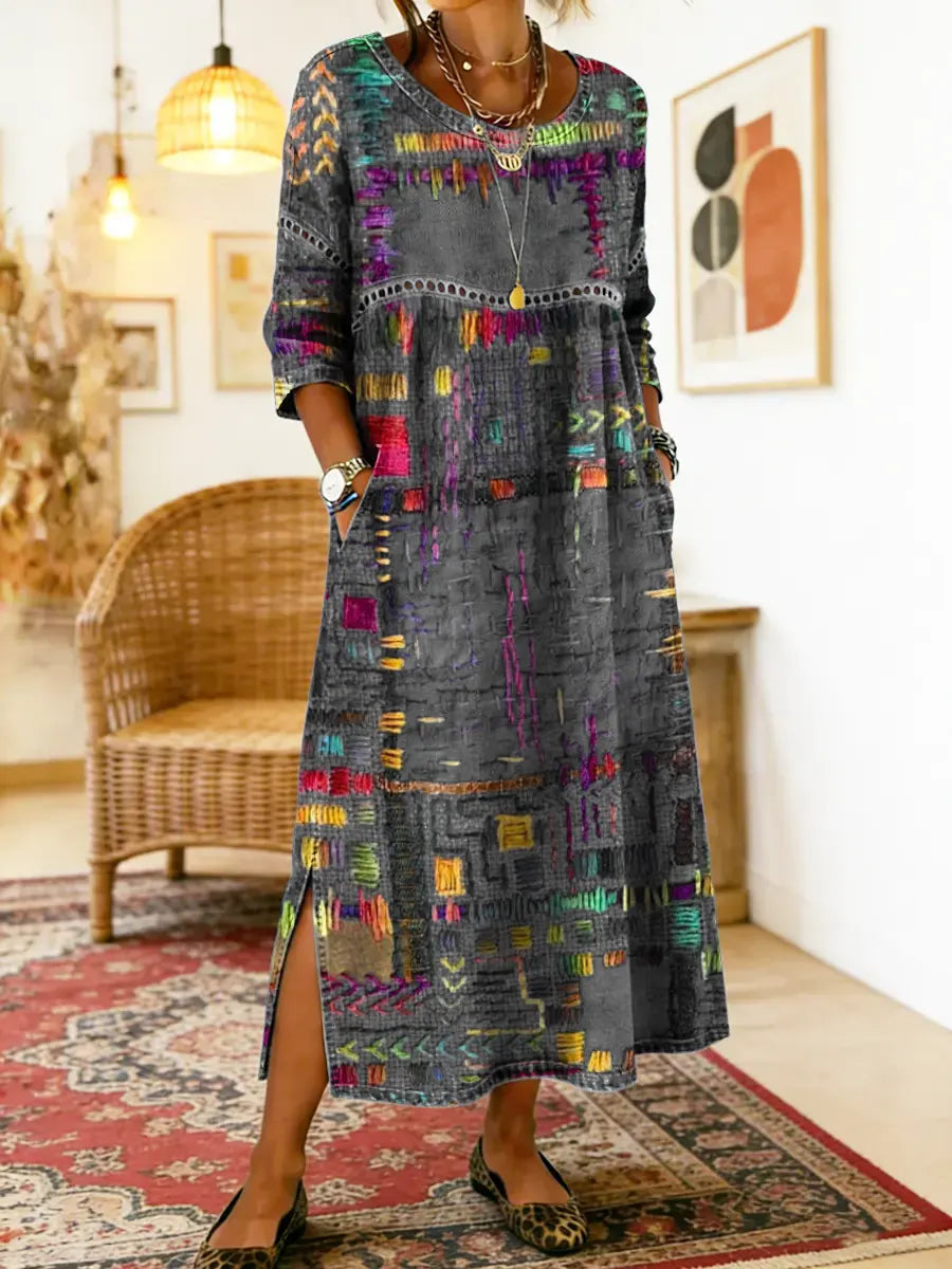 Catie™ | Vestido denim con patchwork étnico