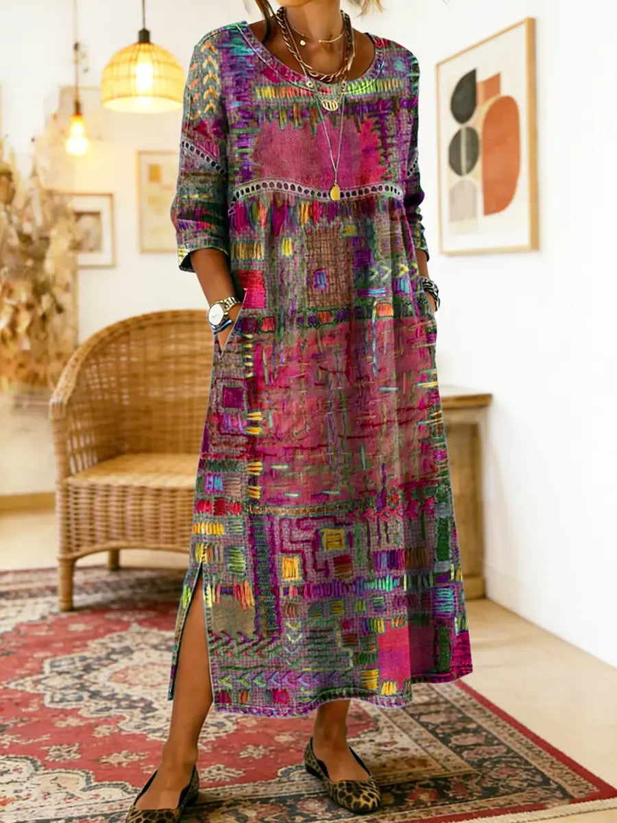 Catie™ | Vestido denim con patchwork étnico