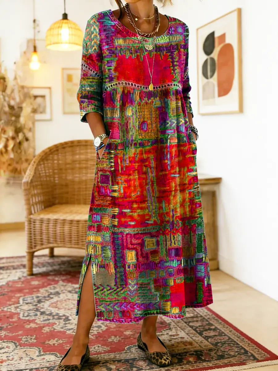 Catie™ | Vestido denim con patchwork étnico