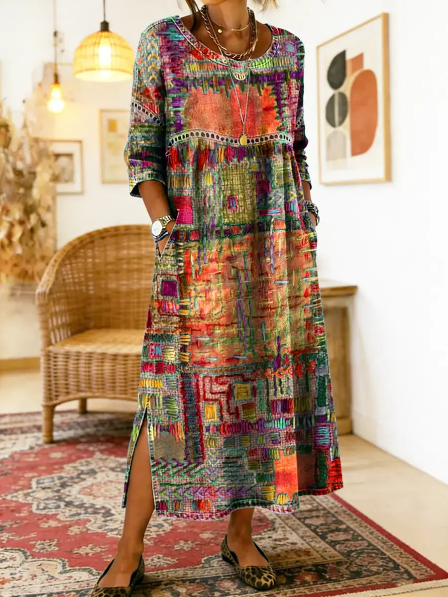 Catie™ | Vestido denim con patchwork étnico