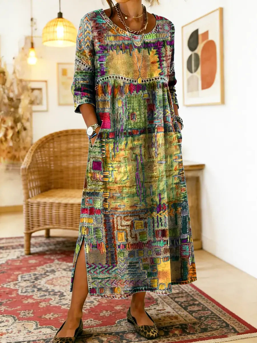 Catie™ | Vestido denim con patchwork étnico