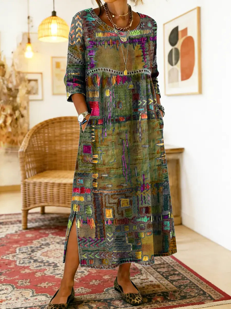 Catie™ | Vestido denim con patchwork étnico