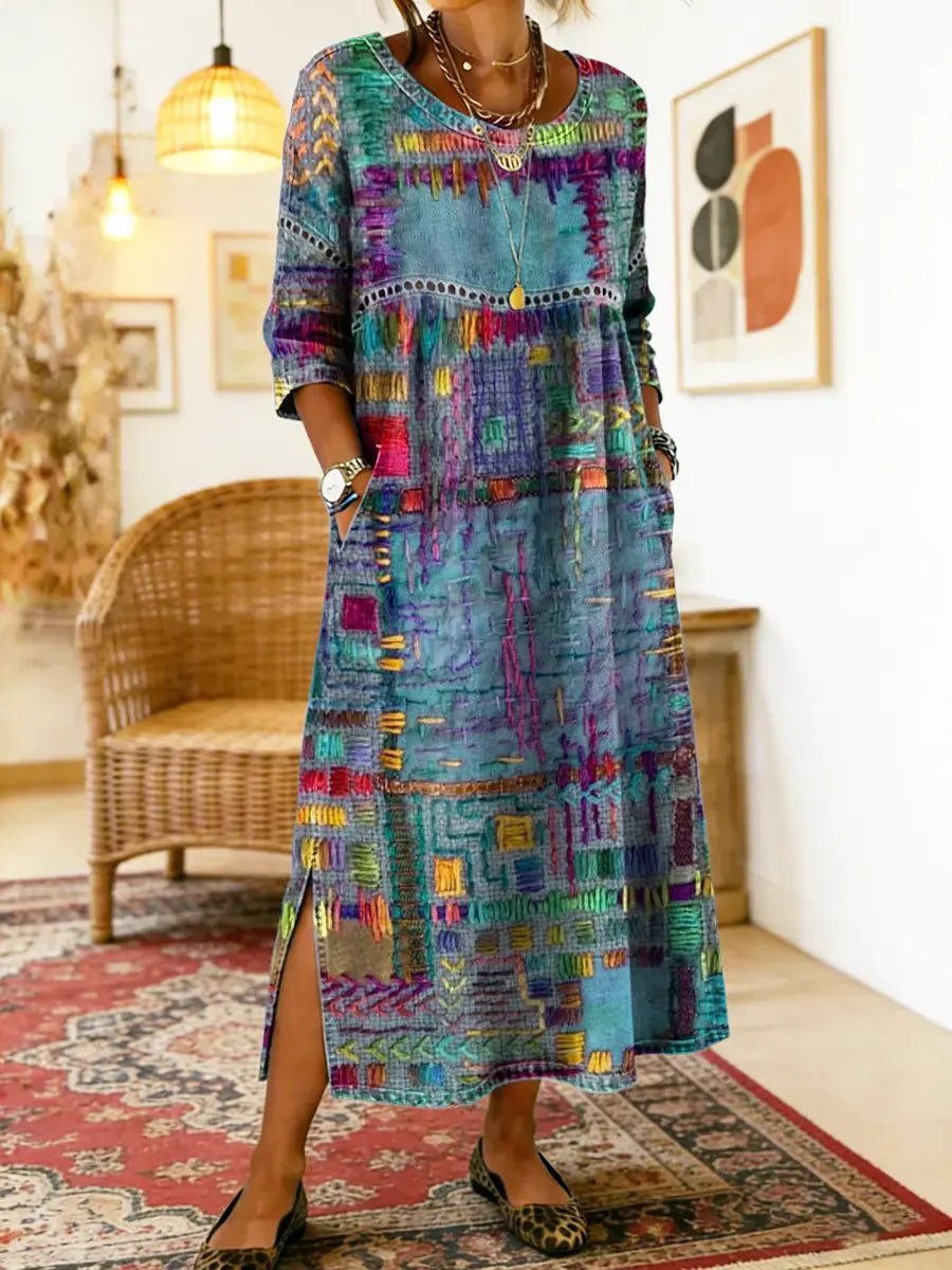 Catie™ | Vestido denim con patchwork étnico