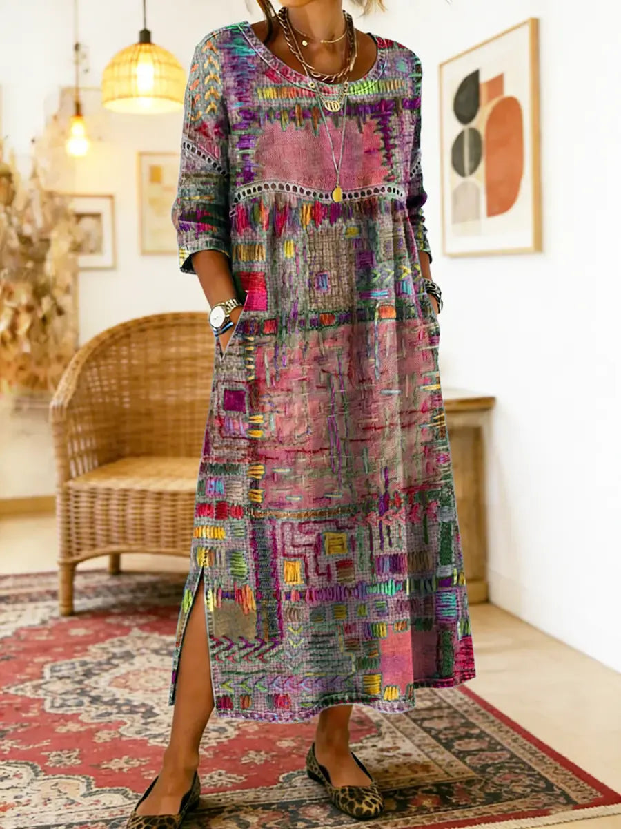 Catie™ | Vestido denim con patchwork étnico