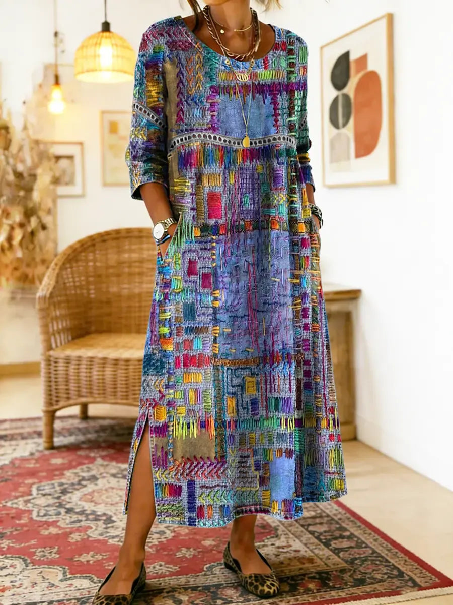 Catie™ | Vestido denim con patchwork étnico