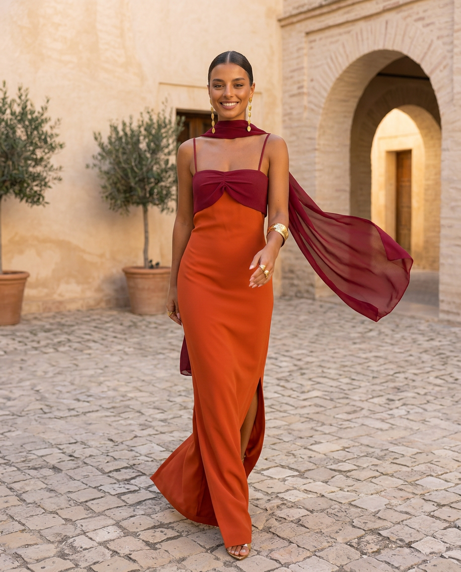 Sara™ | Vestido naranja con escote rojo