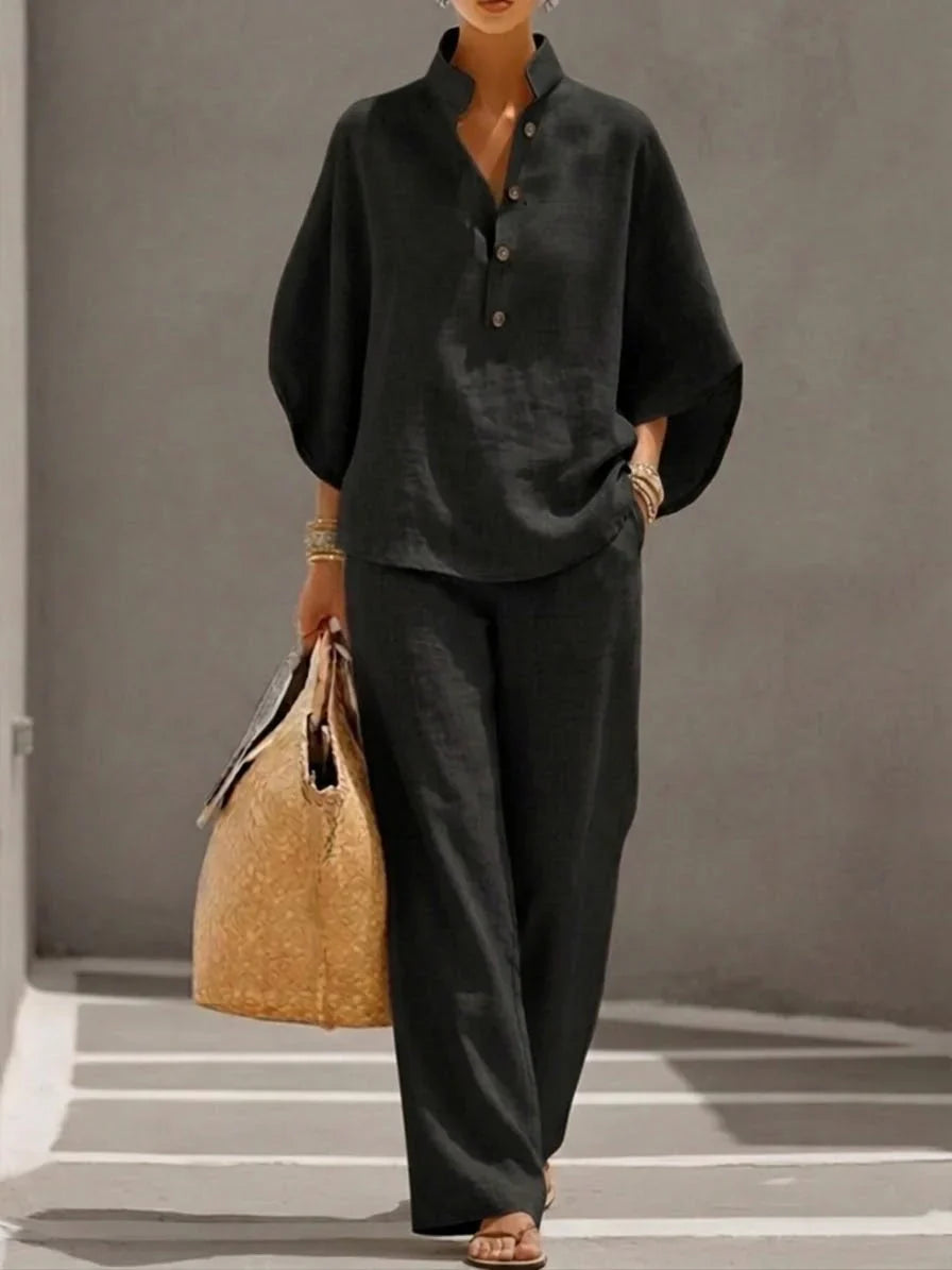 Selena™ | Conjunto de lino con mangas murciélago y pantalón ancho