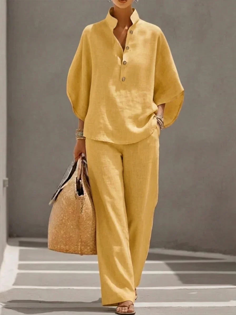 Selena™ | Conjunto de lino con mangas murciélago y pantalón ancho