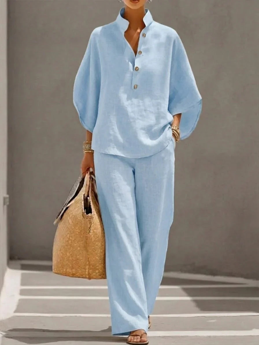 Selena™ | Conjunto de lino con mangas murciélago y pantalón ancho