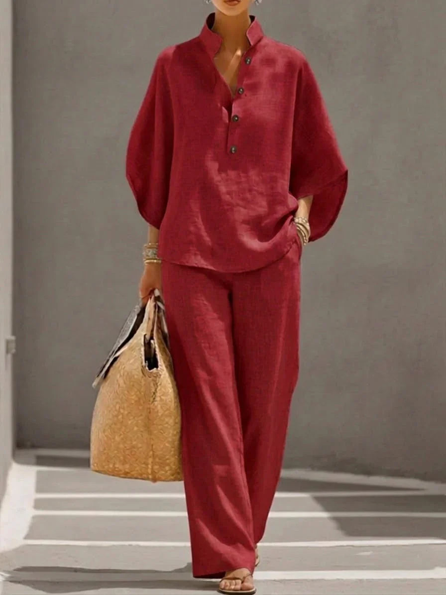 Selena™ | Conjunto de lino con mangas murciélago y pantalón ancho