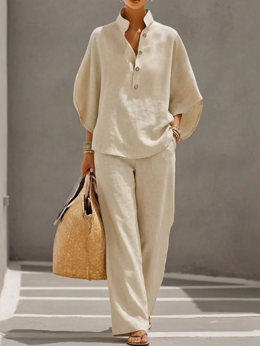 Selena™ | Conjunto de lino con mangas murciélago y pantalón ancho