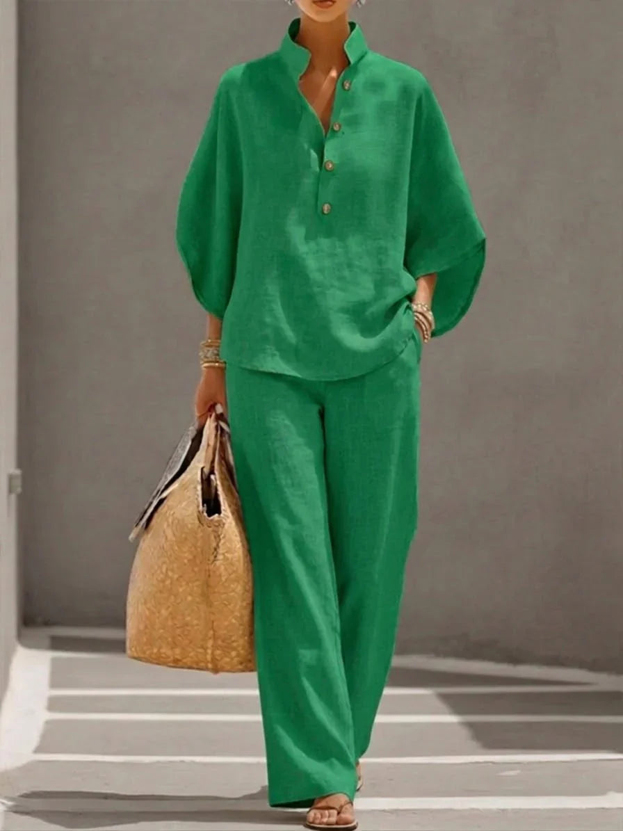 Selena™ | Conjunto de lino con mangas murciélago y pantalón ancho
