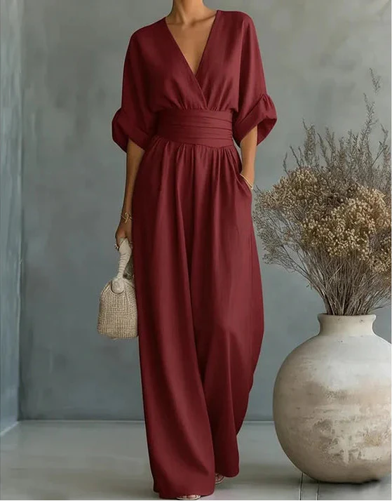 Alessia™ | Mono elegante de escote en V y pierna ancha